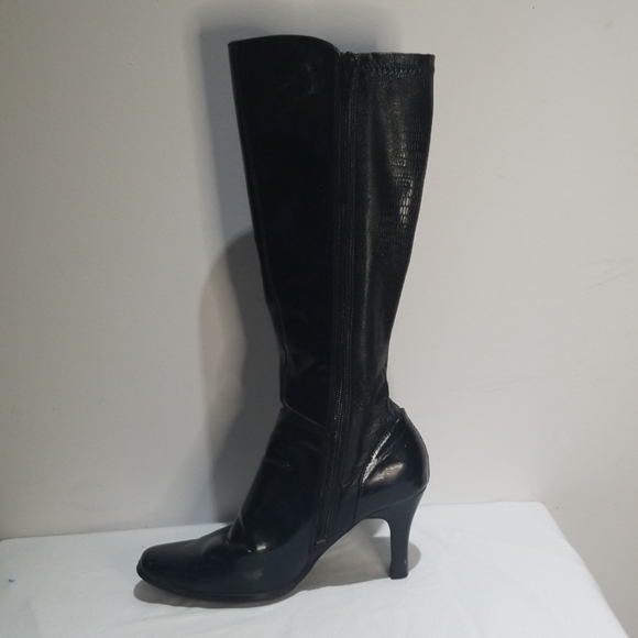 Expressions Shoes - Black knee high boots w/ alligator print